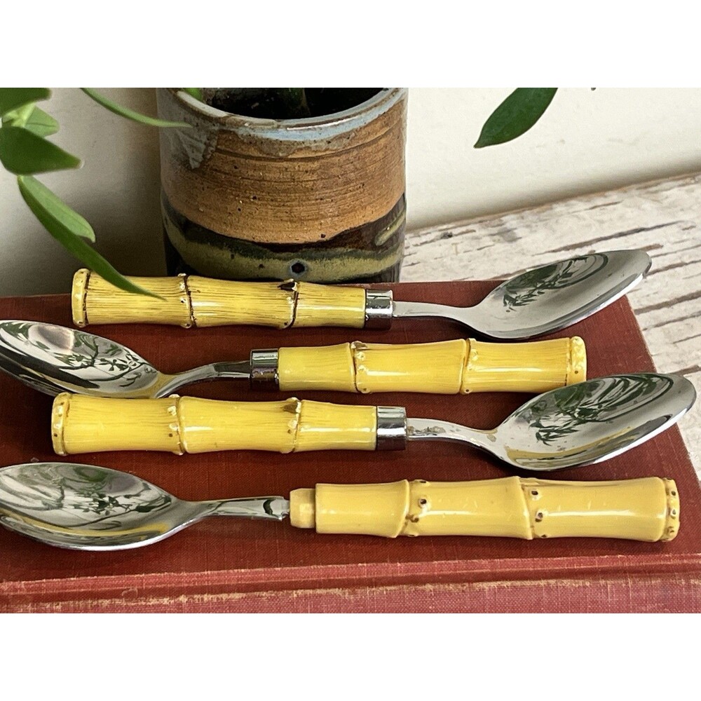 Vintage Faux Bamboo Tea Spoons (4) By Bellamo Hollywood Regency Style 6.5”
